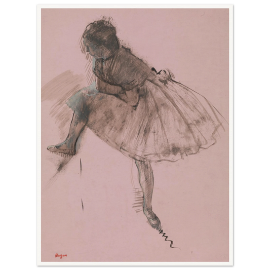 A seated ballerina in a full tutu bends forward, rendered in dark strokes on soft pink paper.