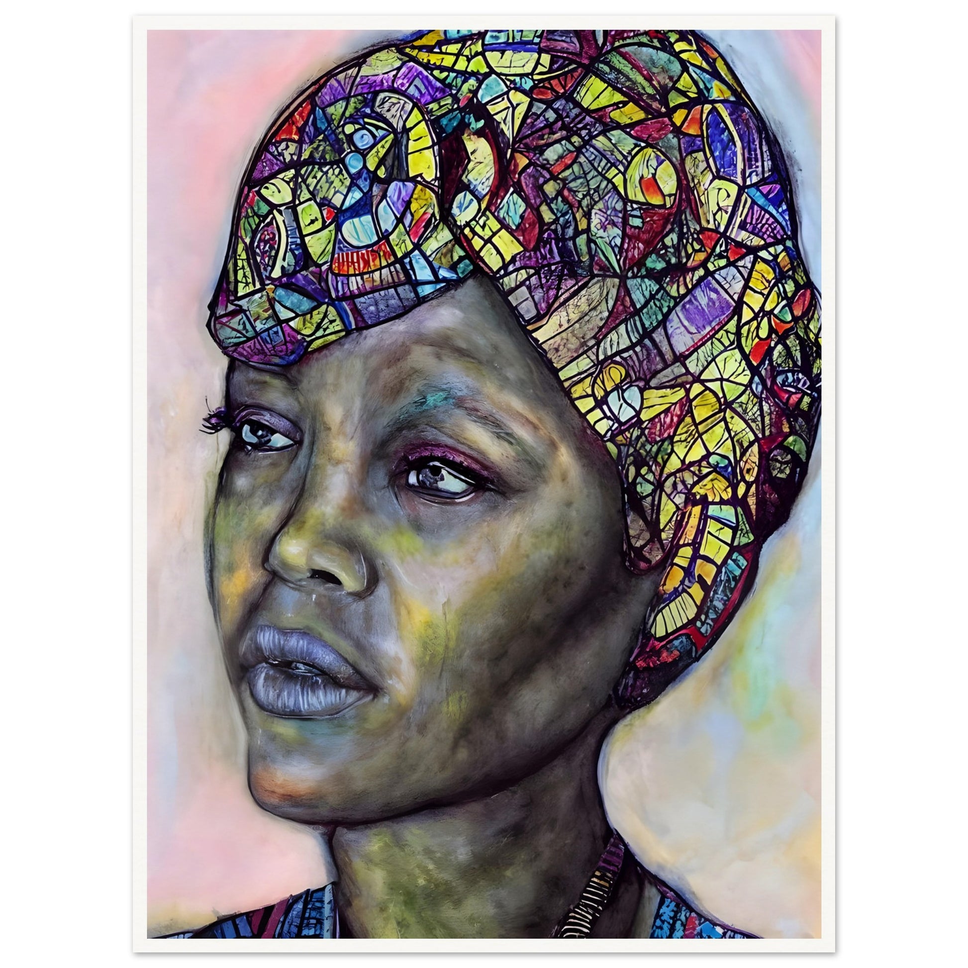 A striking portrait of a woman with a vibrant, mosaic-patterned headwrap, deep expressive eyes, and a contemplative gaze against a soft-toned background.