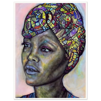 A striking portrait of a woman with a vibrant, mosaic-patterned headwrap, deep expressive eyes, and a contemplative gaze against a soft-toned background.