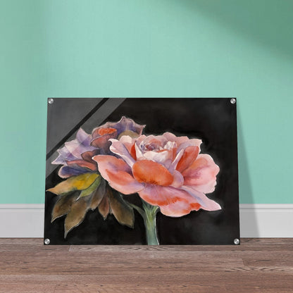 Two delicate watercolor roses with soft pink, purple, and peach tones bloom vividly against a dark background.