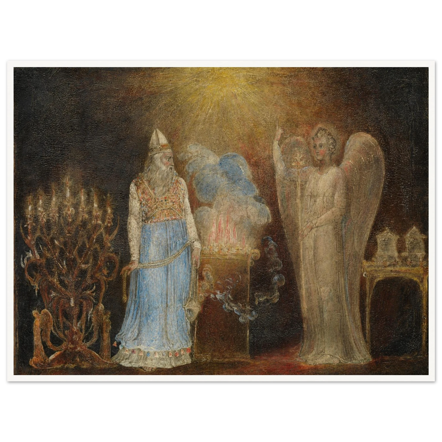 Angel appears before Zacharias in a glowing biblical temple scene by William Blake
