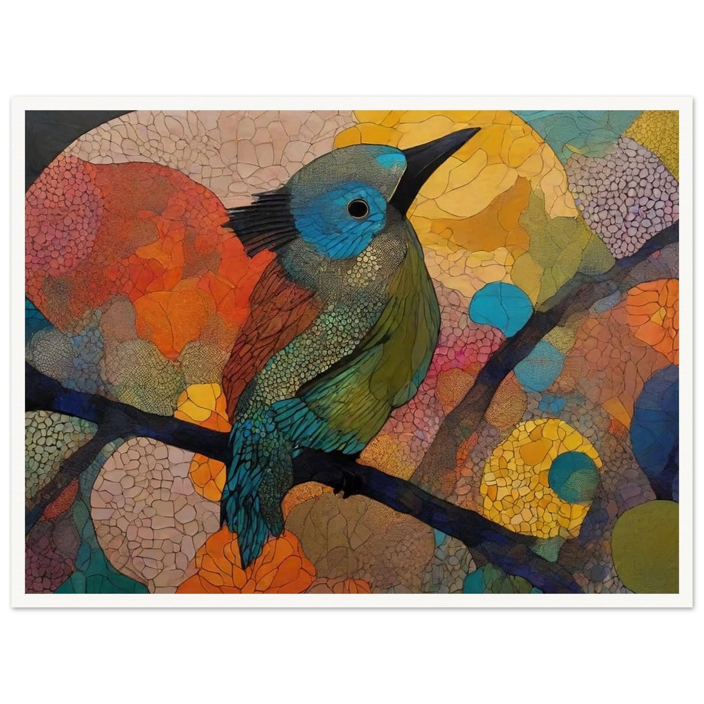 "A stunning painting of a bird perched on a branch, filled with vibrant hues of blue, green, and orange, surrounded by abstract, colorful patterns in the background."