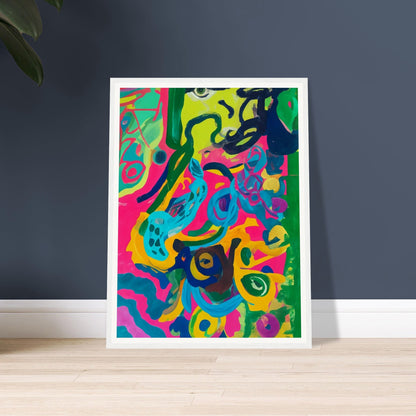 A vibrant abstract painting bursting with bright pink, green, blue, and yellow swirls, creating a lively and energetic composition.