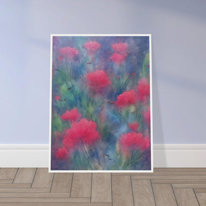 A soft-focus painting of vibrant pink flowers amidst a dreamy, blue and green background with delicate, scattered birds.