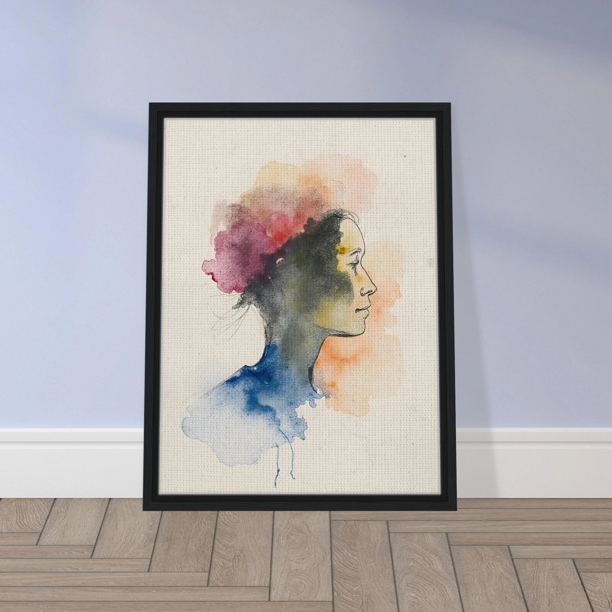 Side profile of a woman formed by delicate watercolor clouds in blue, pink, and orange, merging softly on cream paper.