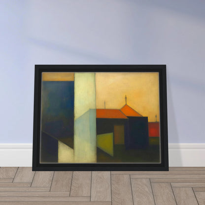 A minimalist expressionist townscape featuring geometric buildings in deep blue, cream, and black tones, accented by warm orange rooftops beneath a glowing golden sky.