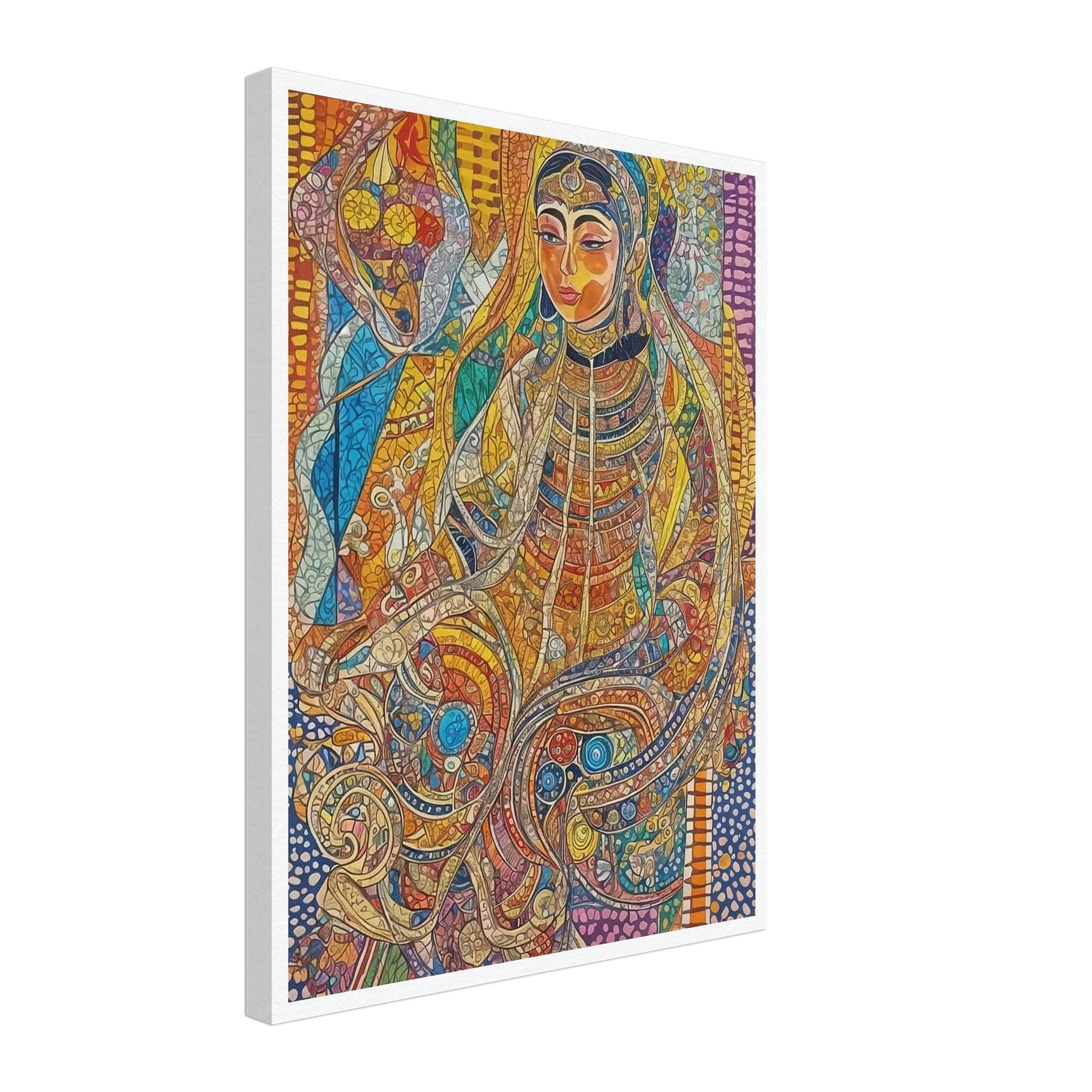 A vibrant mosaic-style artwork depicting a regal woman in intricate traditional attire, surrounded by vivid colors and patterns.