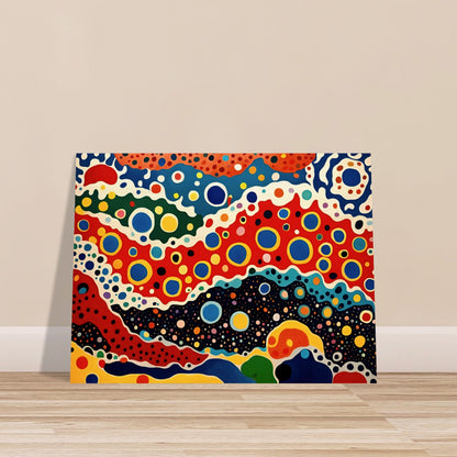 A vivid painting with bold, circular patterns and flowing waves of red, blue, yellow, and black, evoking a cosmic, energetic motion.