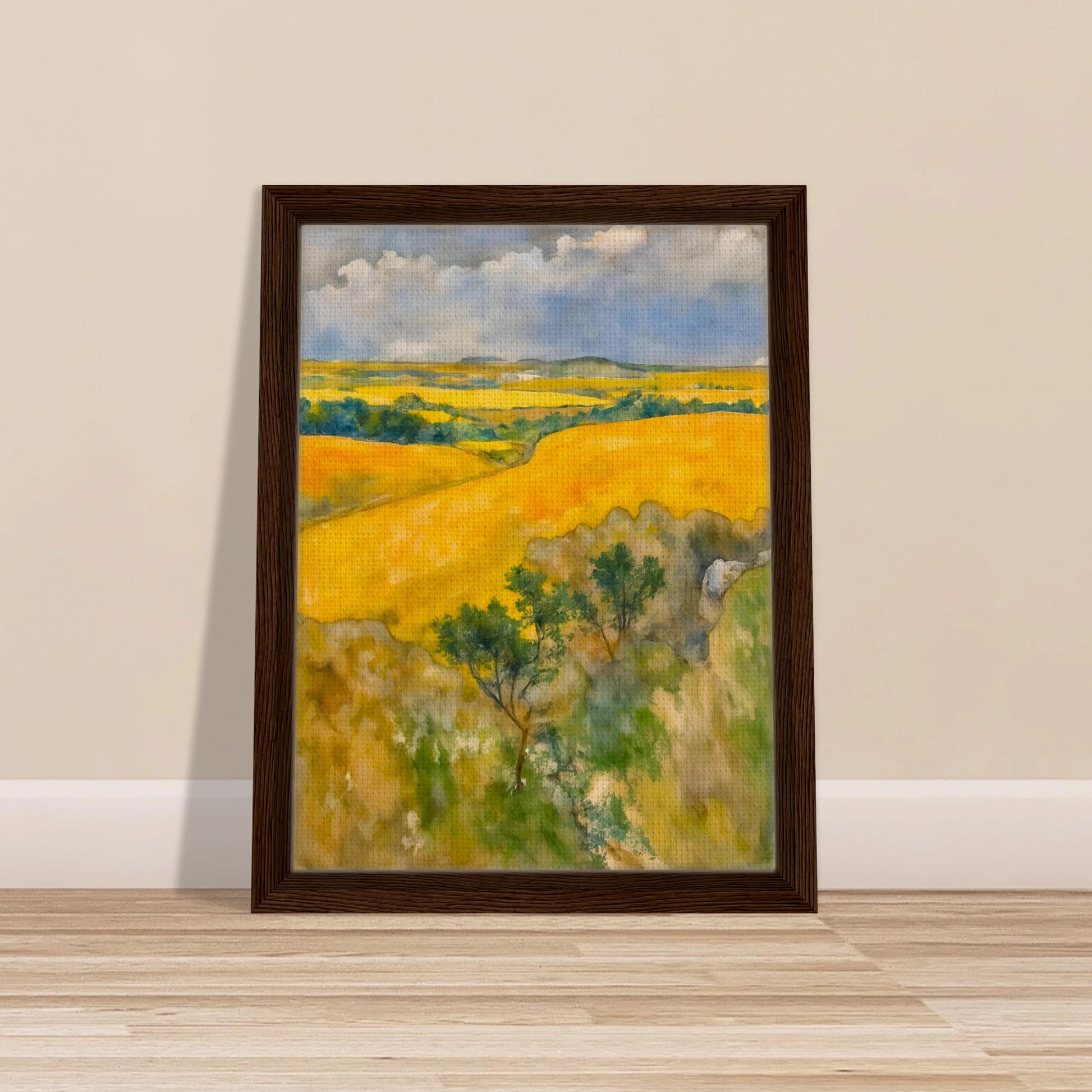 Golden fields stretch across rolling hills under a blue and cloudy sky, with trees dotting the lush summer landscape.