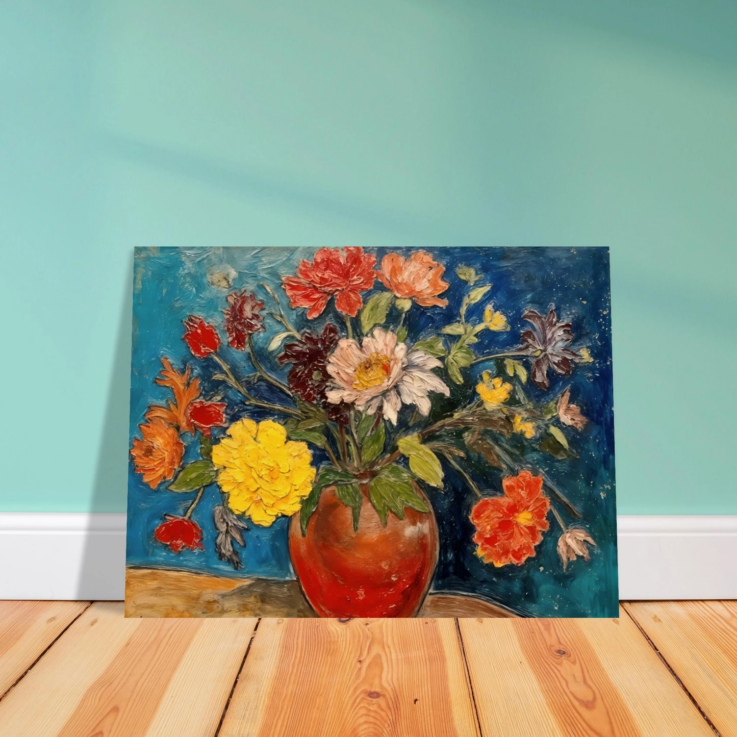 A vibrant floral still life featuring a red ceramic vase overflowing with colorful blossoms in shades of yellow, red, white, pink, and orange, set against a rich blue background.