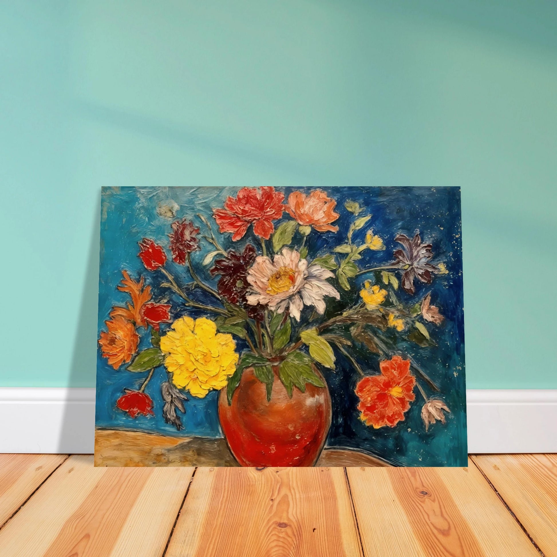 A vibrant floral still life featuring a red ceramic vase overflowing with colorful blossoms in shades of yellow, red, white, pink, and orange, set against a rich blue background.
