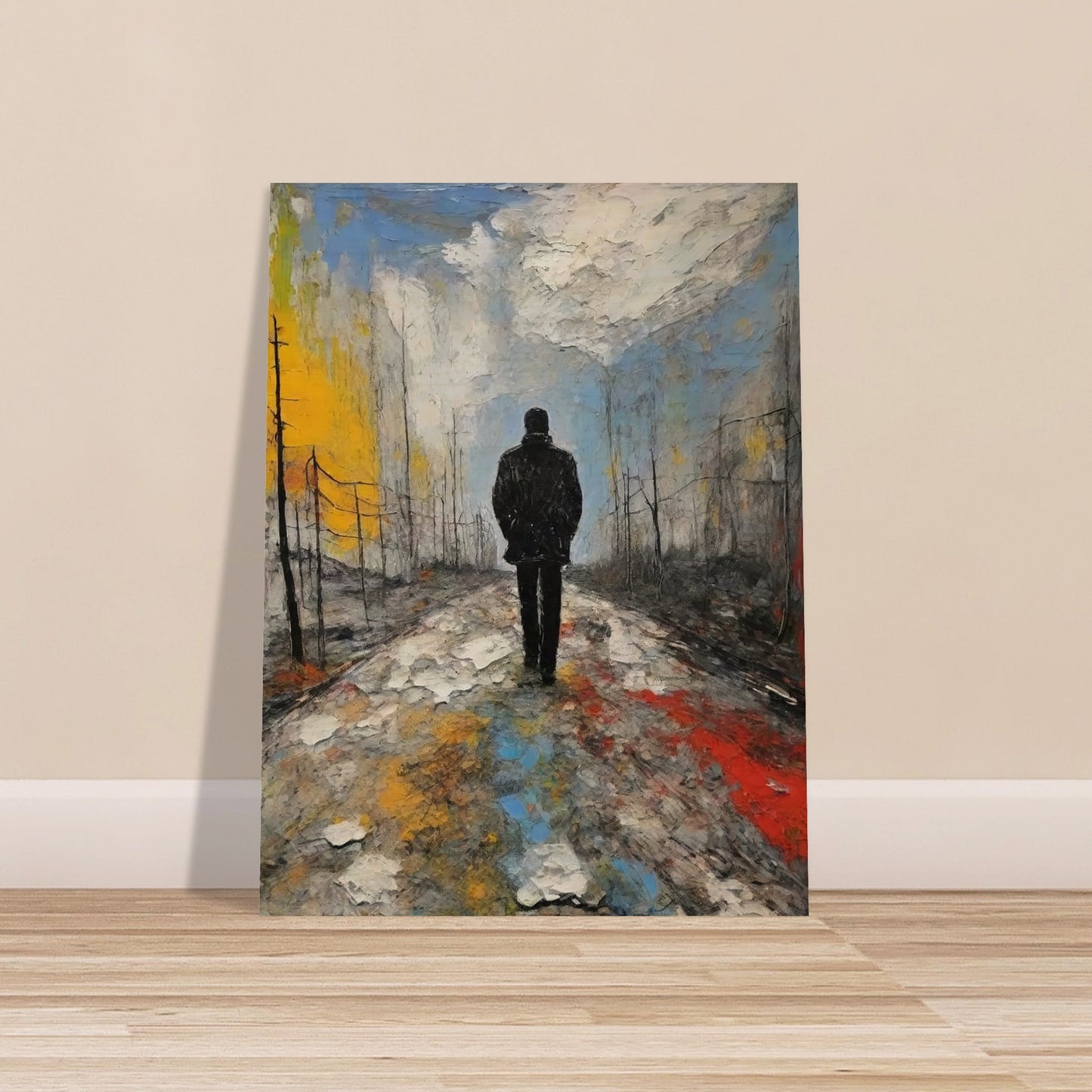 A lone figure in a dark coat walks along a desolate, colorful path under a cloudy sky, evoking a sense of solitude and reflection.