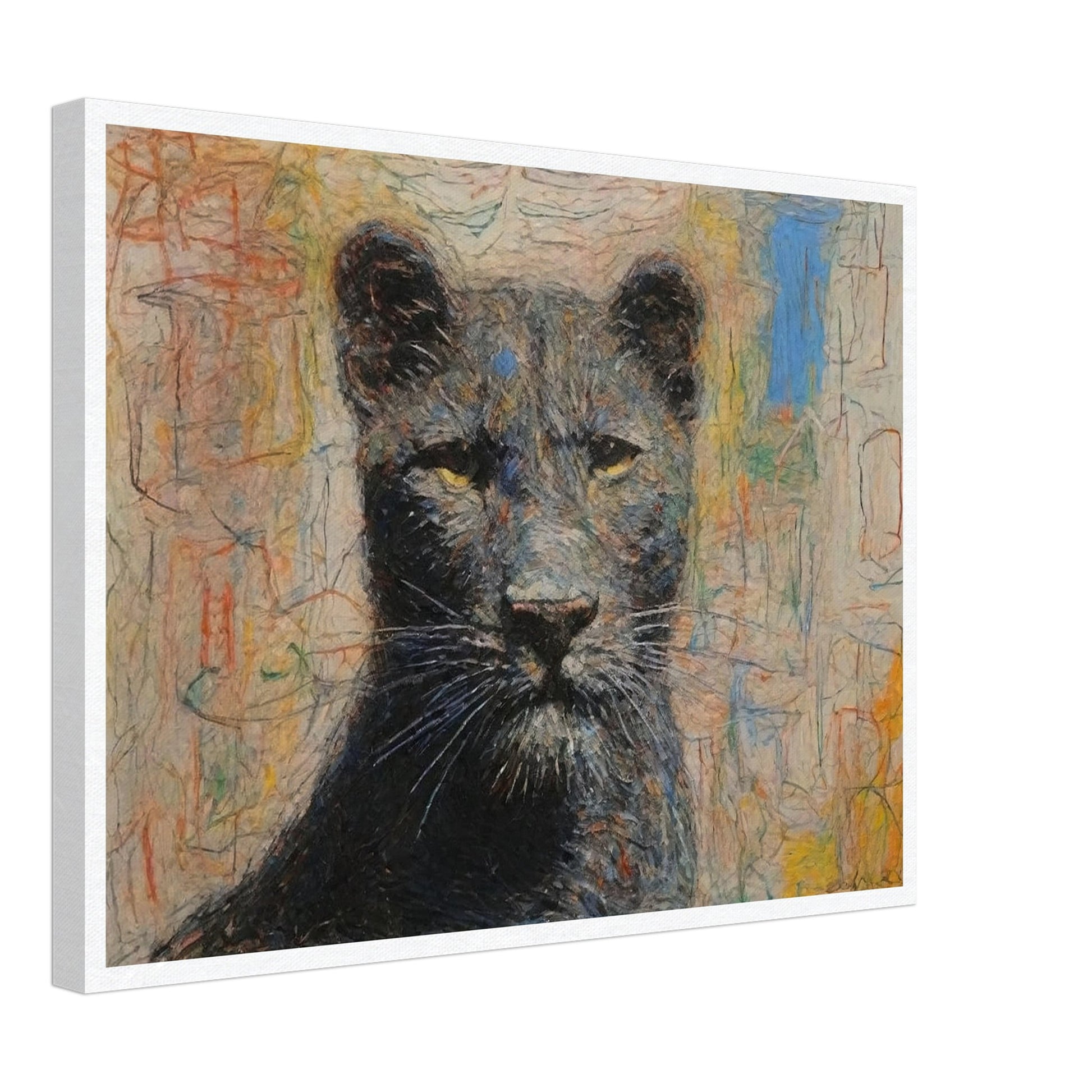 A powerful and regal painting of a panther with piercing yellow eyes and a colorful abstract background.