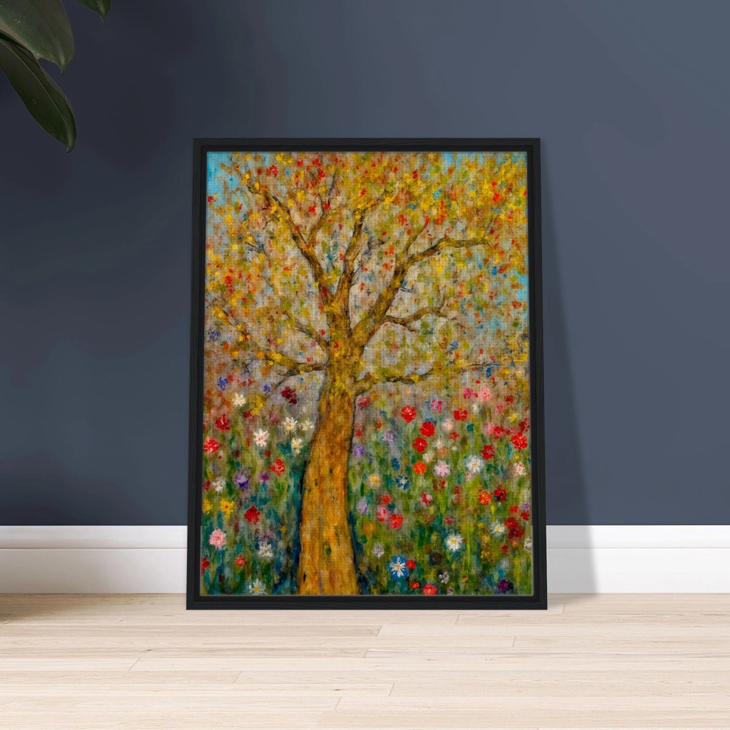 A golden-barked tree stands tall in a vibrant field of blooming flowers, with multicolored petals dancing against a soft blue sky.
