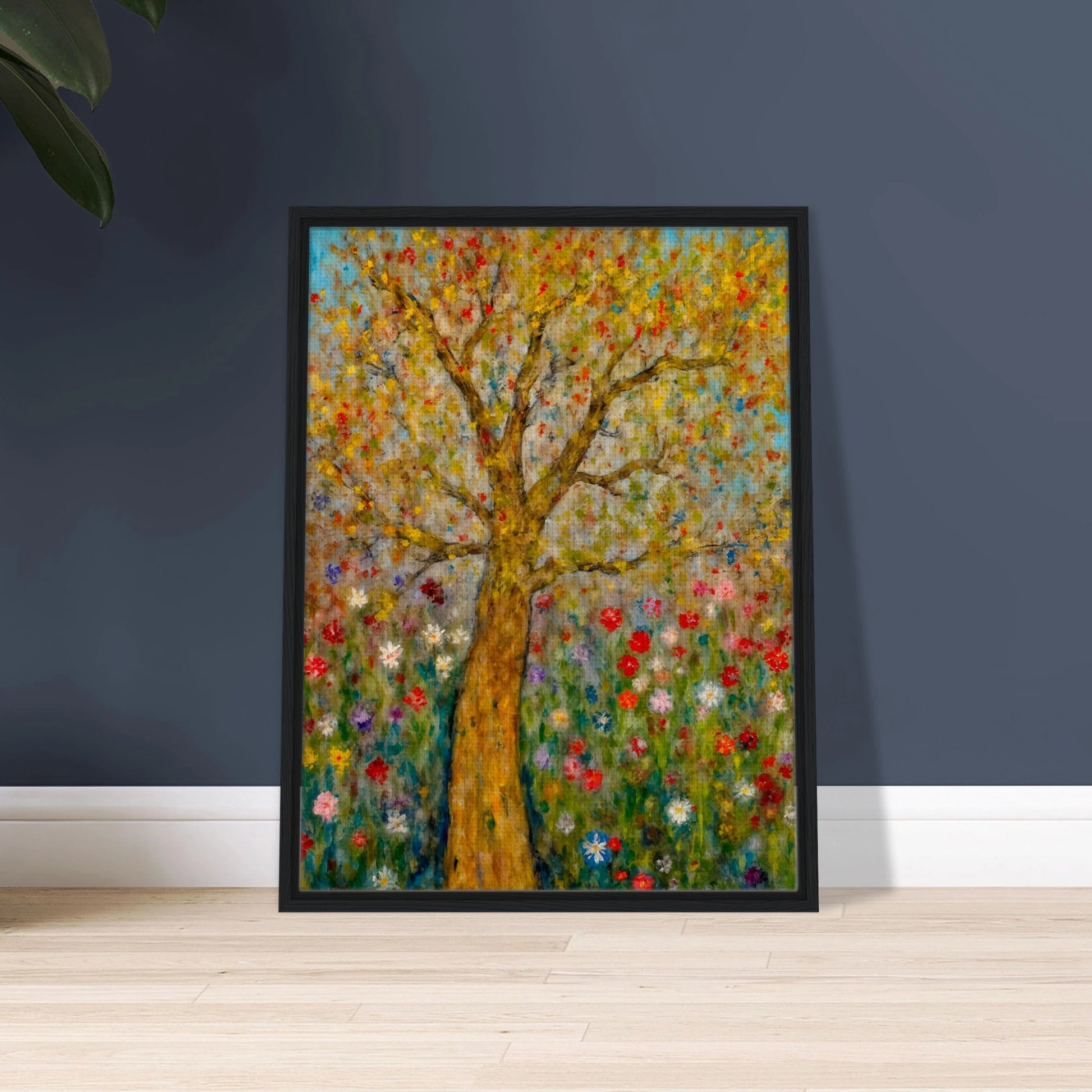 A golden-barked tree stands tall in a vibrant field of blooming flowers, with multicolored petals dancing against a soft blue sky.