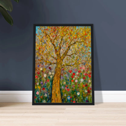 A golden-barked tree stands tall in a vibrant field of blooming flowers, with multicolored petals dancing against a soft blue sky.