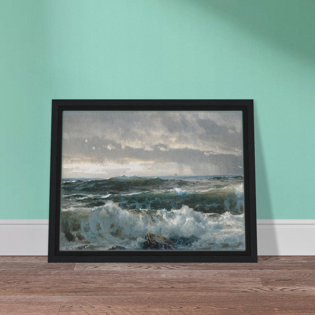 Stormy waves crash over dark rocks beneath heavy gray clouds in a dramatic seascape.