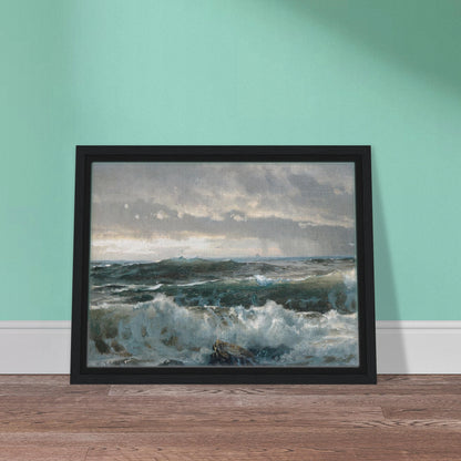 Stormy waves crash over dark rocks beneath heavy gray clouds in a dramatic seascape.
