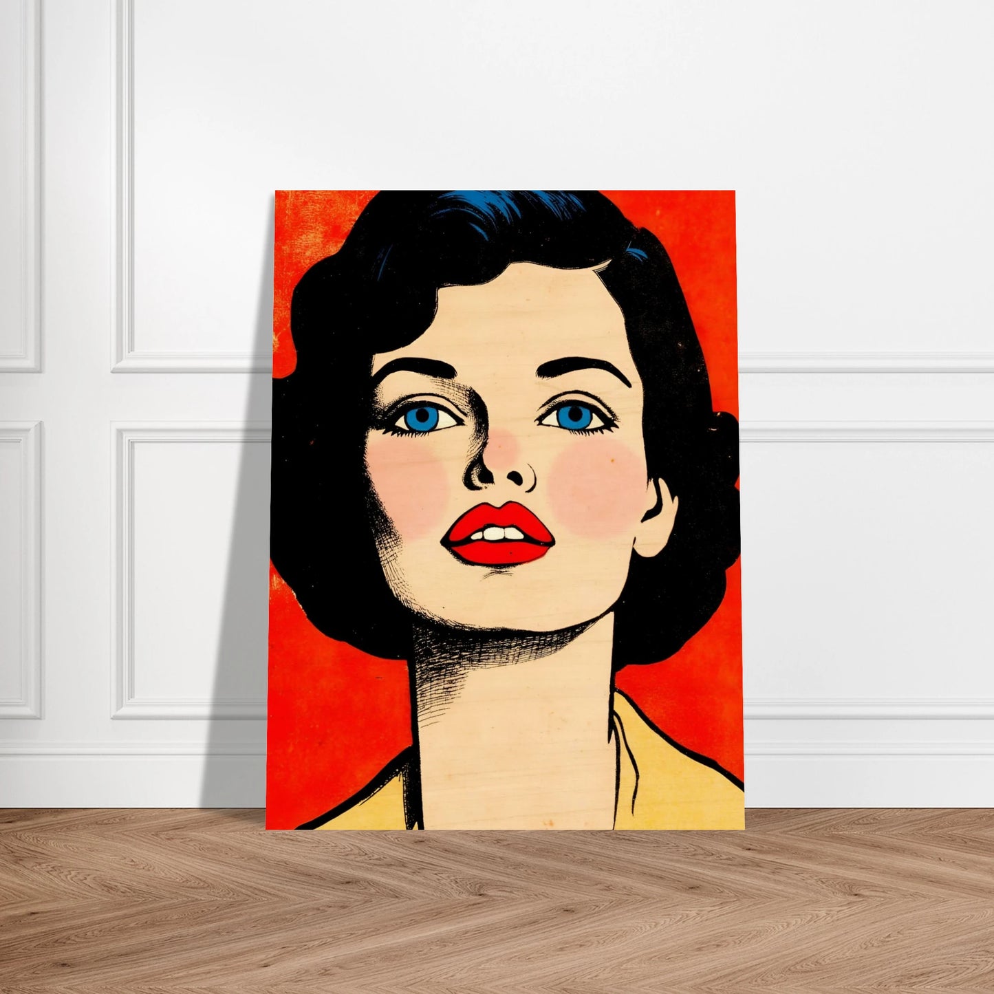 A striking vintage-inspired portrait features a woman with blue eyes, crimson lips, and dark hair against a vivid red backdrop.