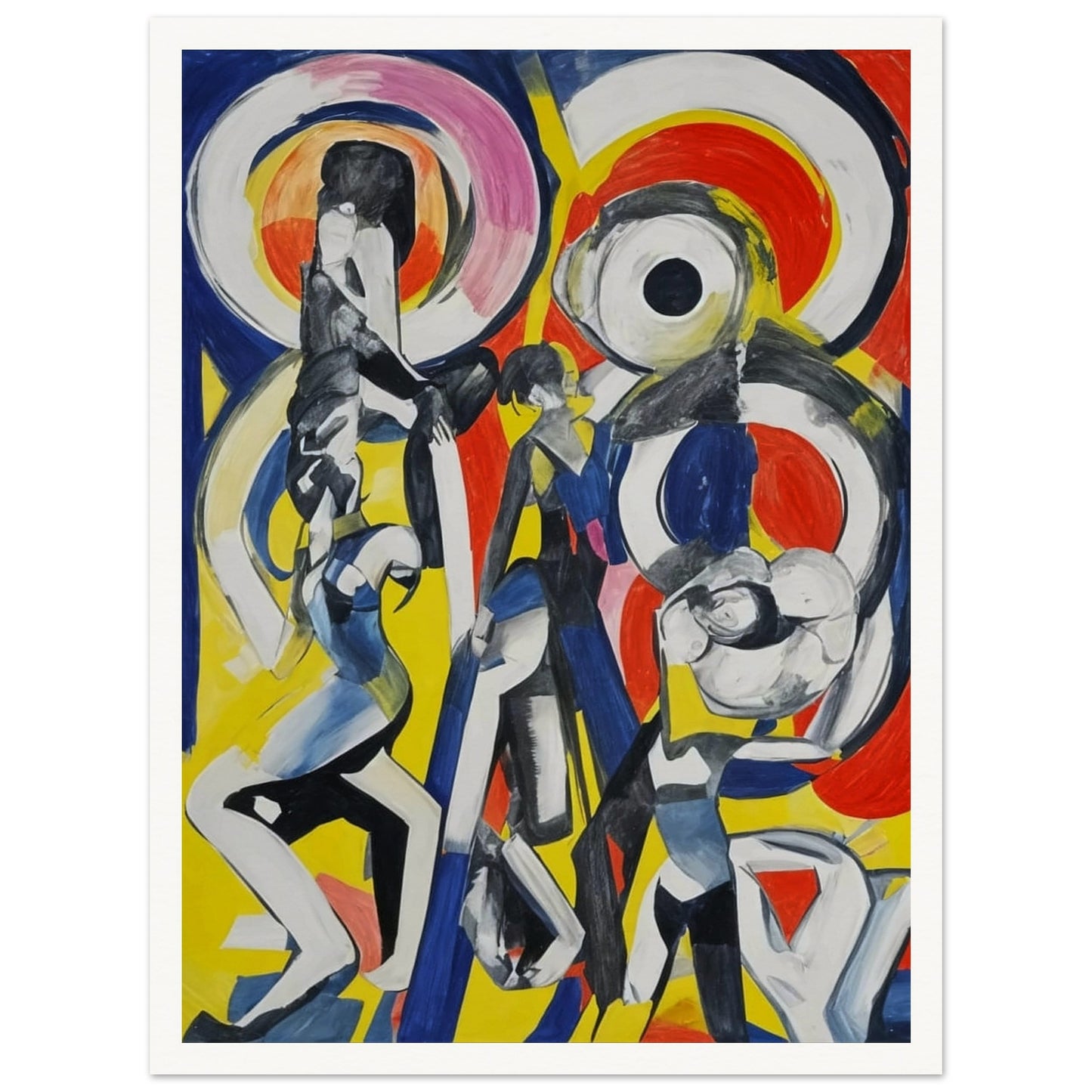 Abstract painting featuring dynamic, elongated figures in motion with bold, swirling shapes in red, blue, yellow, and black.