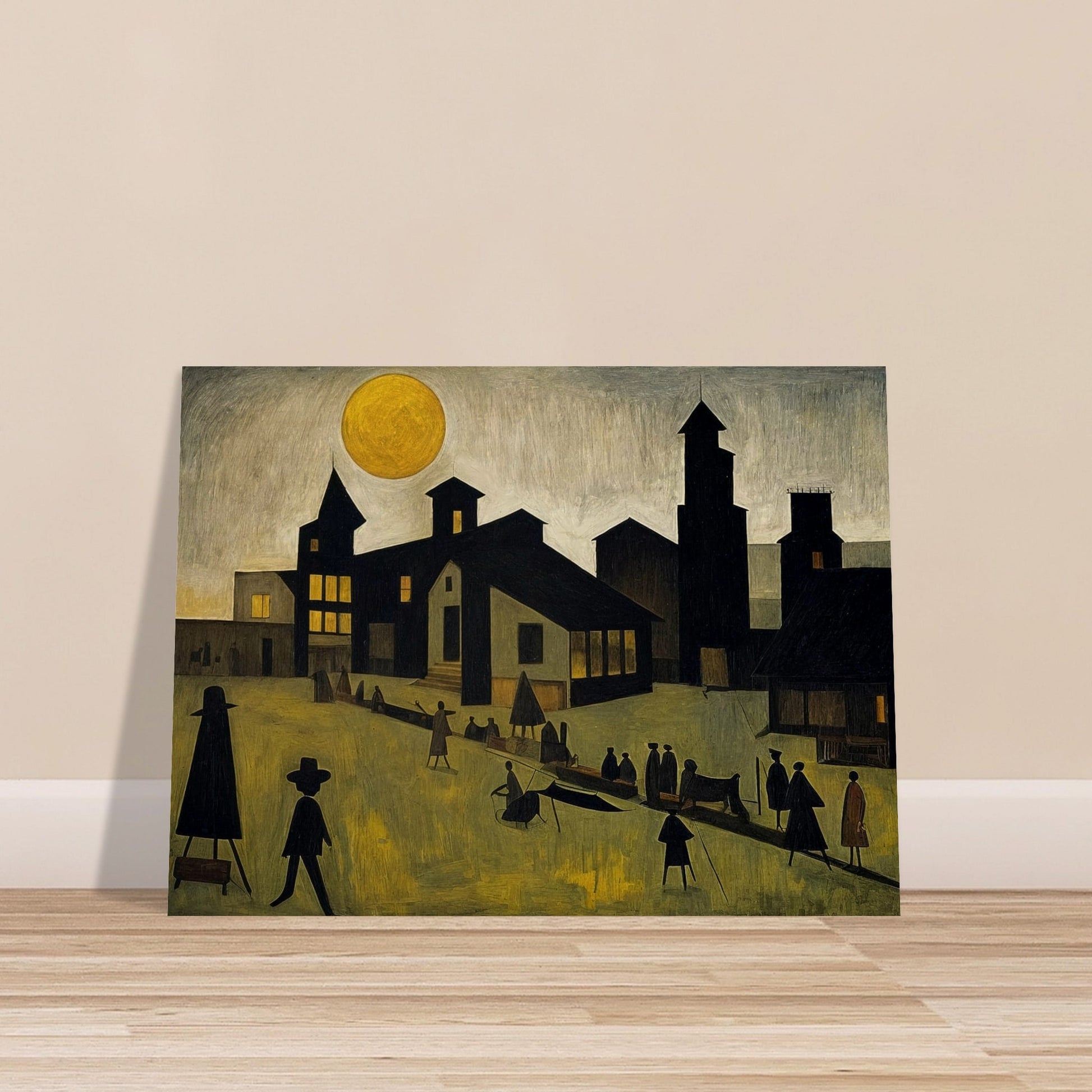 A painting depicting a town under a large sun with silhouetted figures walking and interacting in the foreground.