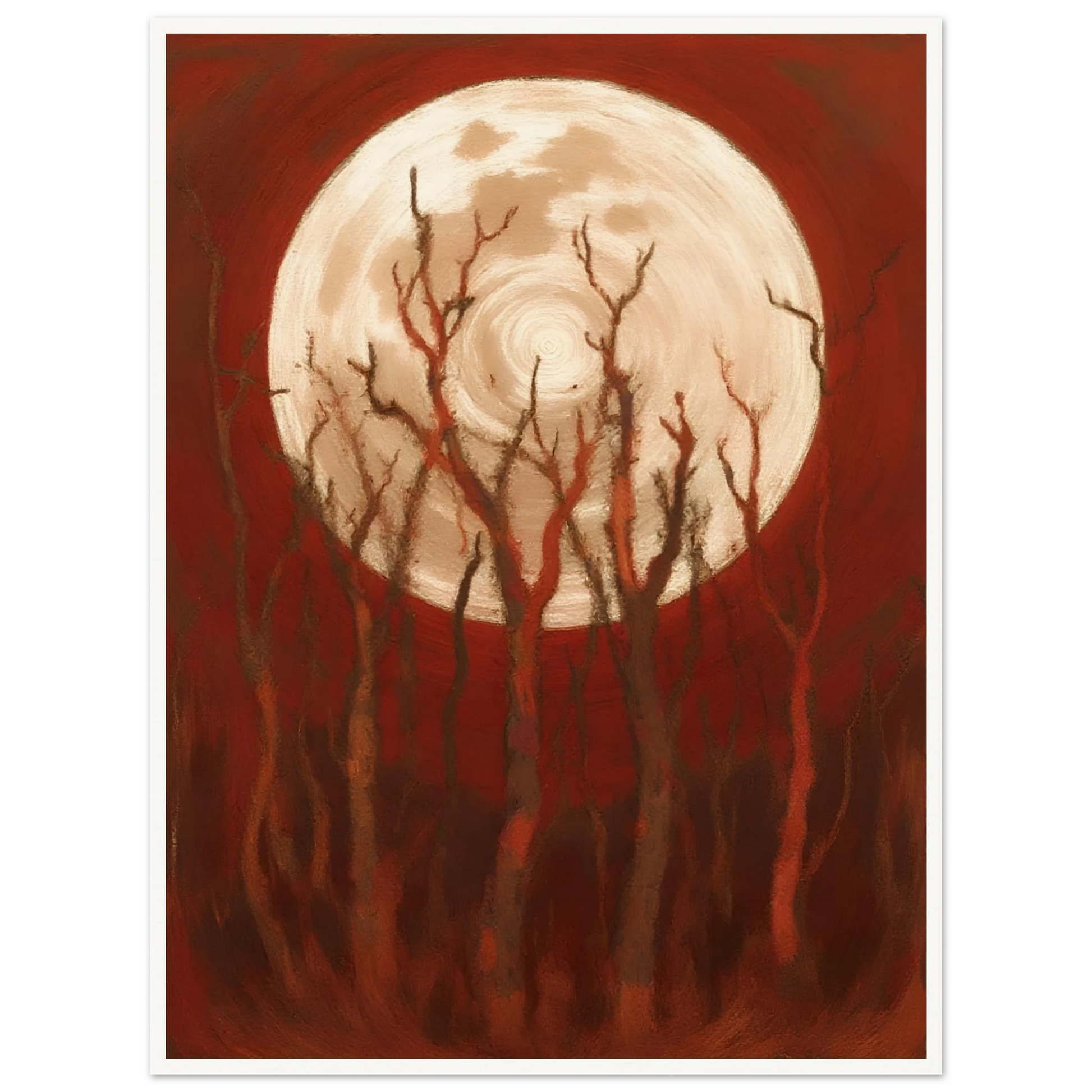 A glowing full moon rises behind twisted, leafless trees against a deep crimson sky, casting an eerie yet powerful atmosphere.