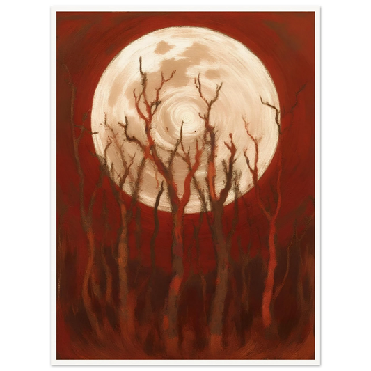 A glowing full moon rises behind twisted, leafless trees against a deep crimson sky, casting an eerie yet powerful atmosphere.