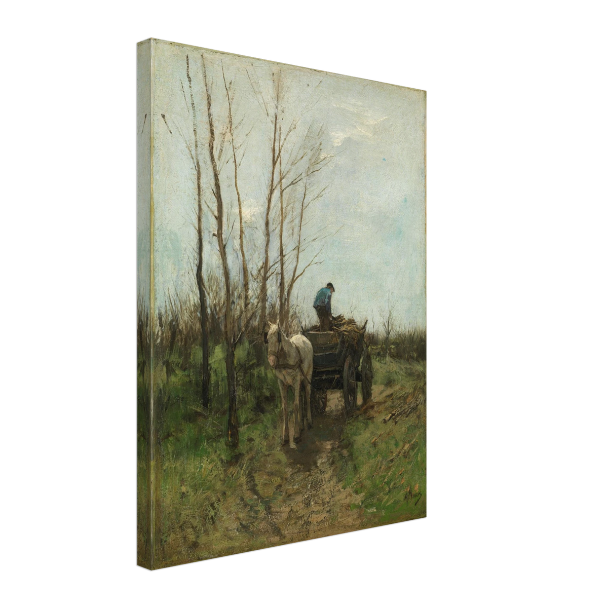 A man loads branches onto a horse cart along a muddy lane beneath bare trees.