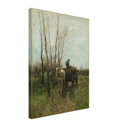A man loads branches onto a horse cart along a muddy lane beneath bare trees.