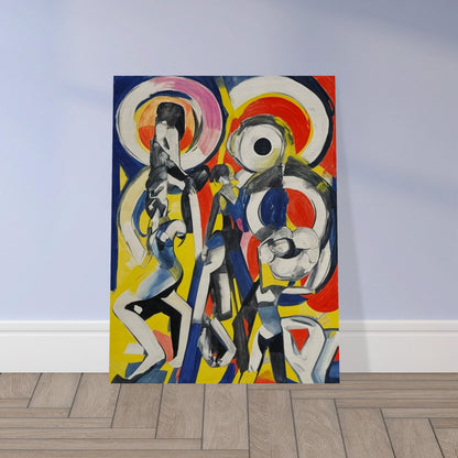 Abstract painting featuring dynamic, elongated figures in motion with bold, swirling shapes in red, blue, yellow, and black.