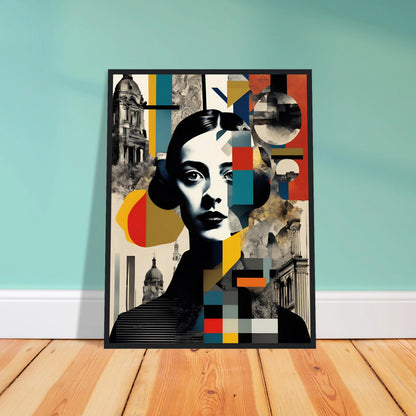 A striking portrait of a woman interwoven with geometric patterns, vintage architecture, and fragmented colors, symbolizing time and identity.