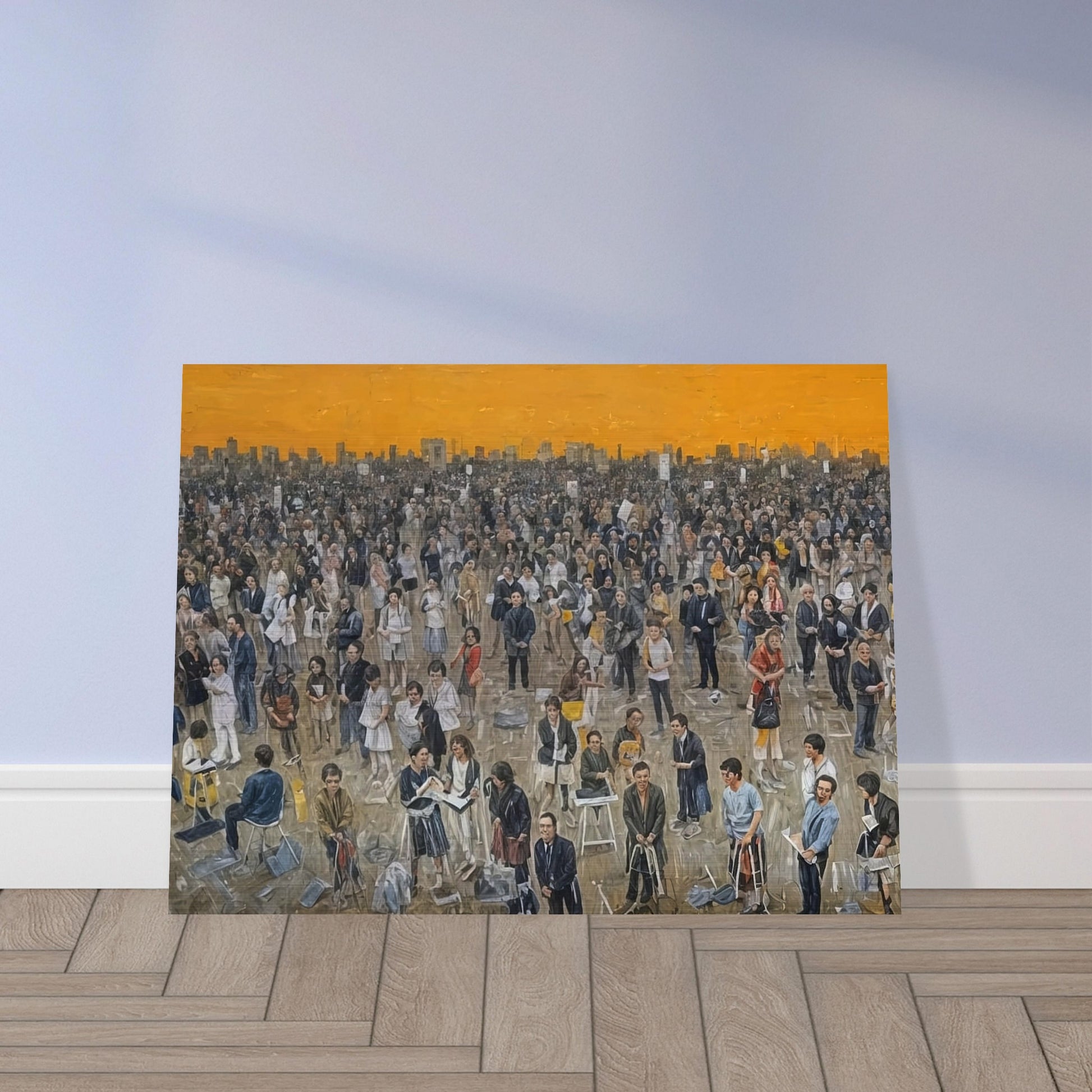 A detailed painting of a large crowd of people gathered in an open space under a vibrant orange sky at sunset. The diverse crowd features individuals engaged in various activities, with the city skyline visible in the background.