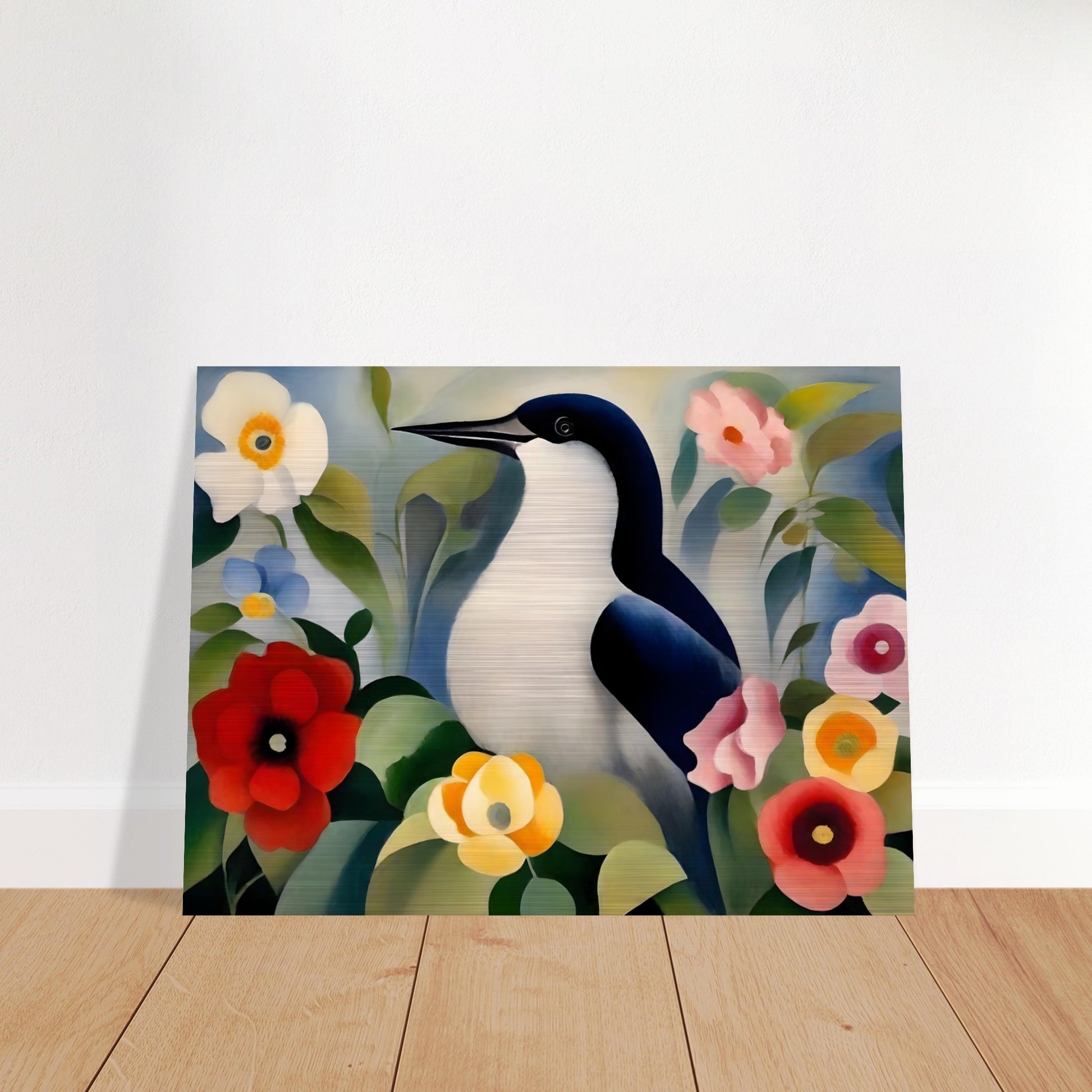 A serene painting of a black-and-white bird perched amidst colorful flowers, including red, yellow, and pink blooms, surrounded by lush green leaves.