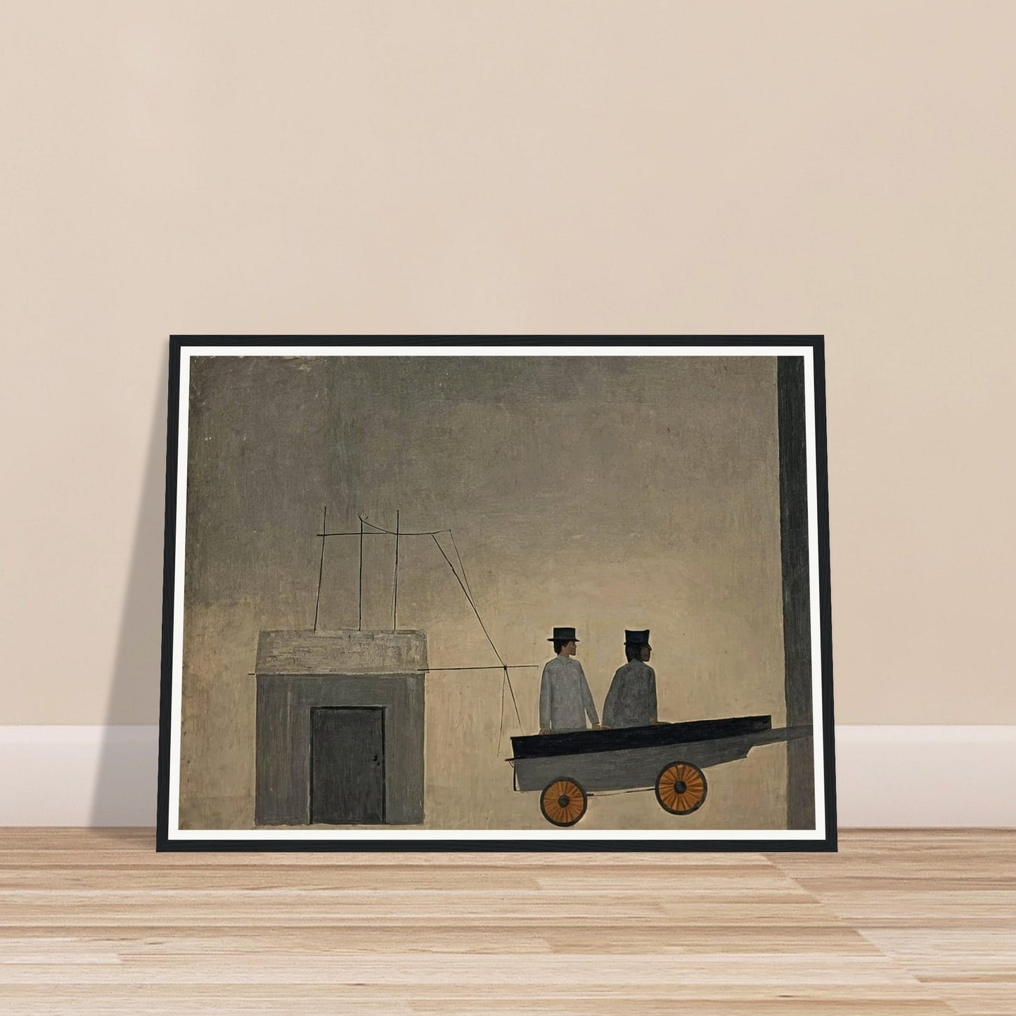 A minimalistic painting depicting two figures in a cart with orange wheels, set against a muted, textured background, creating a sense of mystery.