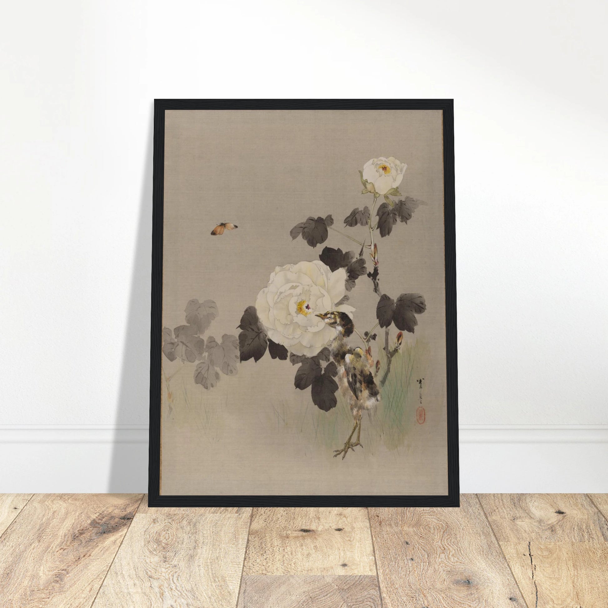 Young bird stands beside white roses as a butterfly flies across a pale silk background