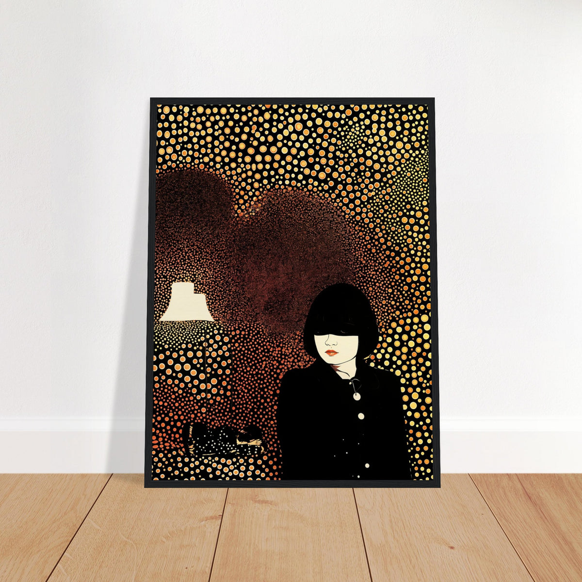 Artistic portrait of a woman in a black outfit surrounded by a background of golden circular patterns with a glowing lamp.