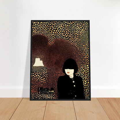 Artistic portrait of a woman in a black outfit surrounded by a background of golden circular patterns with a glowing lamp.