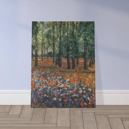 "A tranquil landscape with vibrant orange and blue wildflowers blooming under tall trees, evoking the peacefulness of a forest meadow."