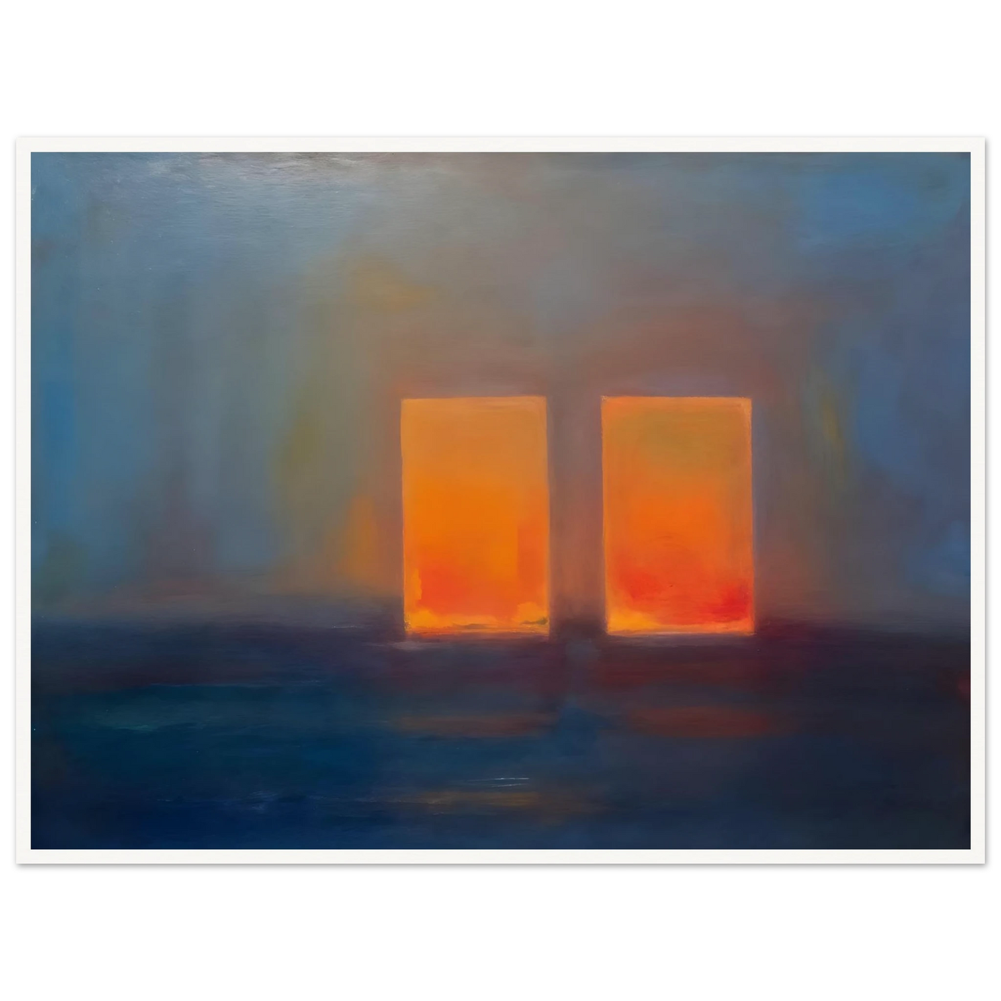 Moody blue interior with two glowing orange doorways, evoking quiet mystery, warmth, and minimalist atmospheric depth.