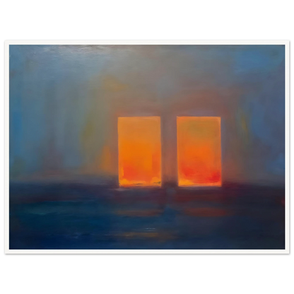 Moody blue interior with two glowing orange doorways, evoking quiet mystery, warmth, and minimalist atmospheric depth.