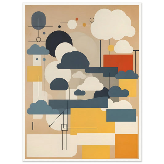 An abstract geometric artwork featuring stylized cloud shapes in white, gray, and blue, with rectangular blocks in yellow, beige, and red on a muted tan background.