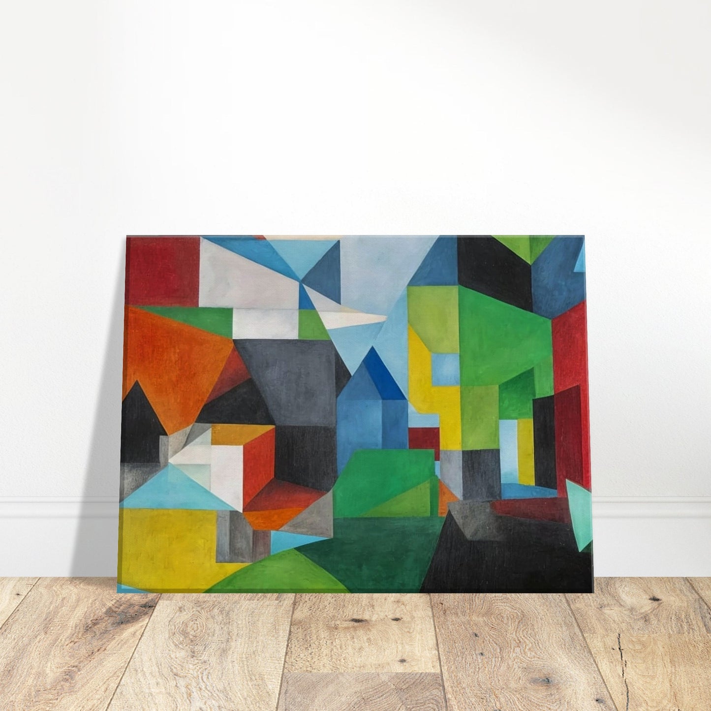 Abstract painting with vibrant geometric shapes forming a village-like scene with houses and landscapes.