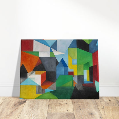 Abstract painting with vibrant geometric shapes forming a village-like scene with houses and landscapes.