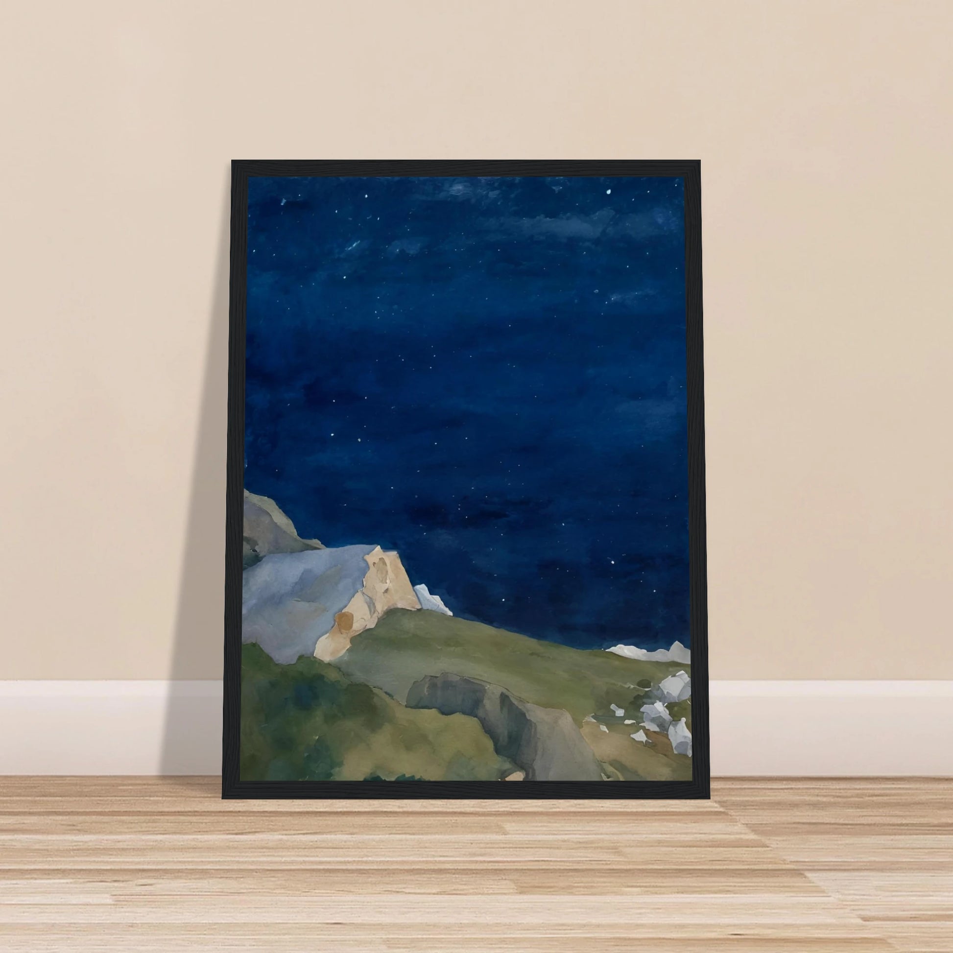 A tranquil night scene of rocky cliffs under a starlit indigo sky, evoking solitude and quiet wonder.