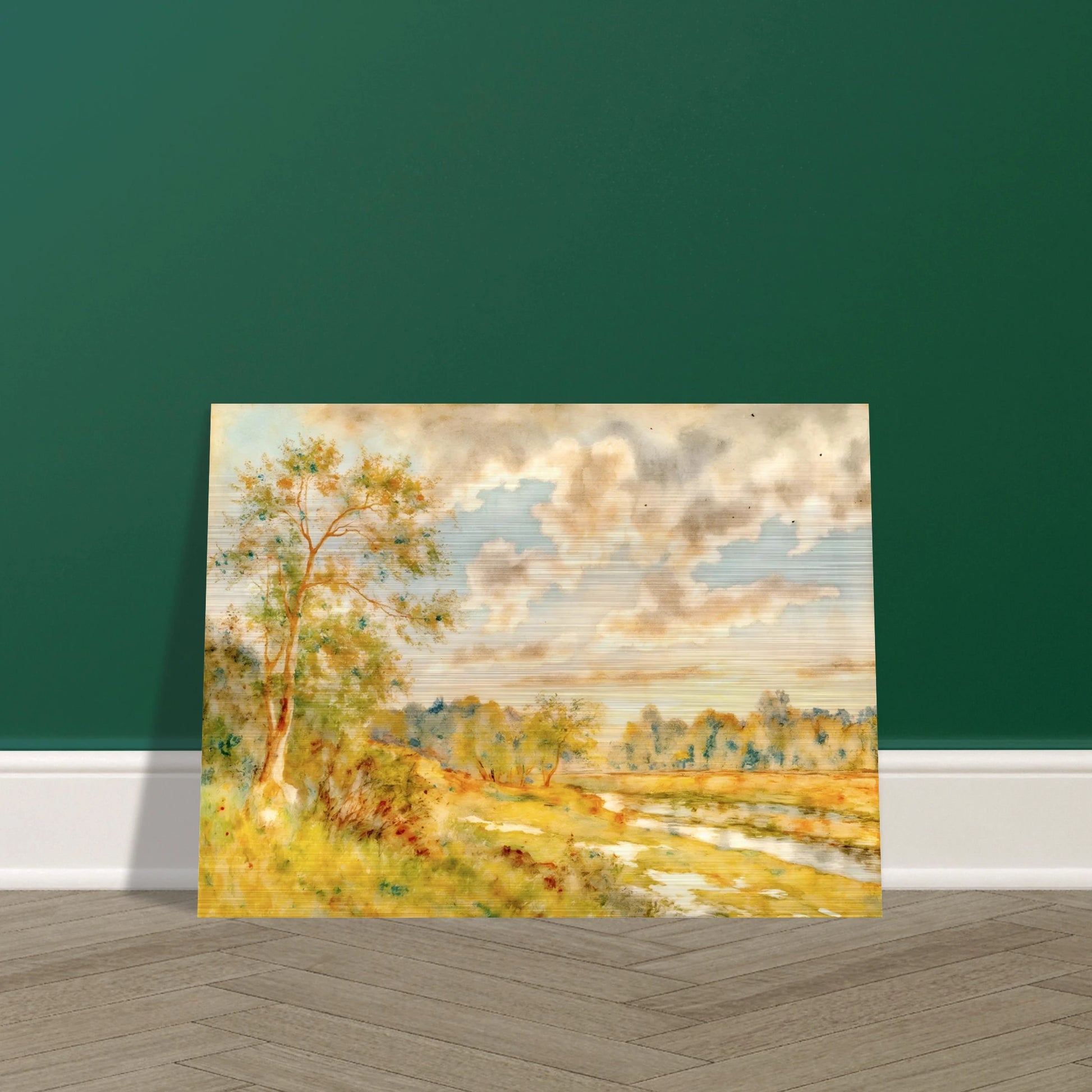 Soft golden meadow beside a reflective river beneath luminous clouds, with delicate trees and warm pastoral light in an airy landscape.