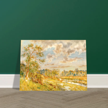 Soft golden meadow beside a reflective river beneath luminous clouds, with delicate trees and warm pastoral light in an airy landscape.