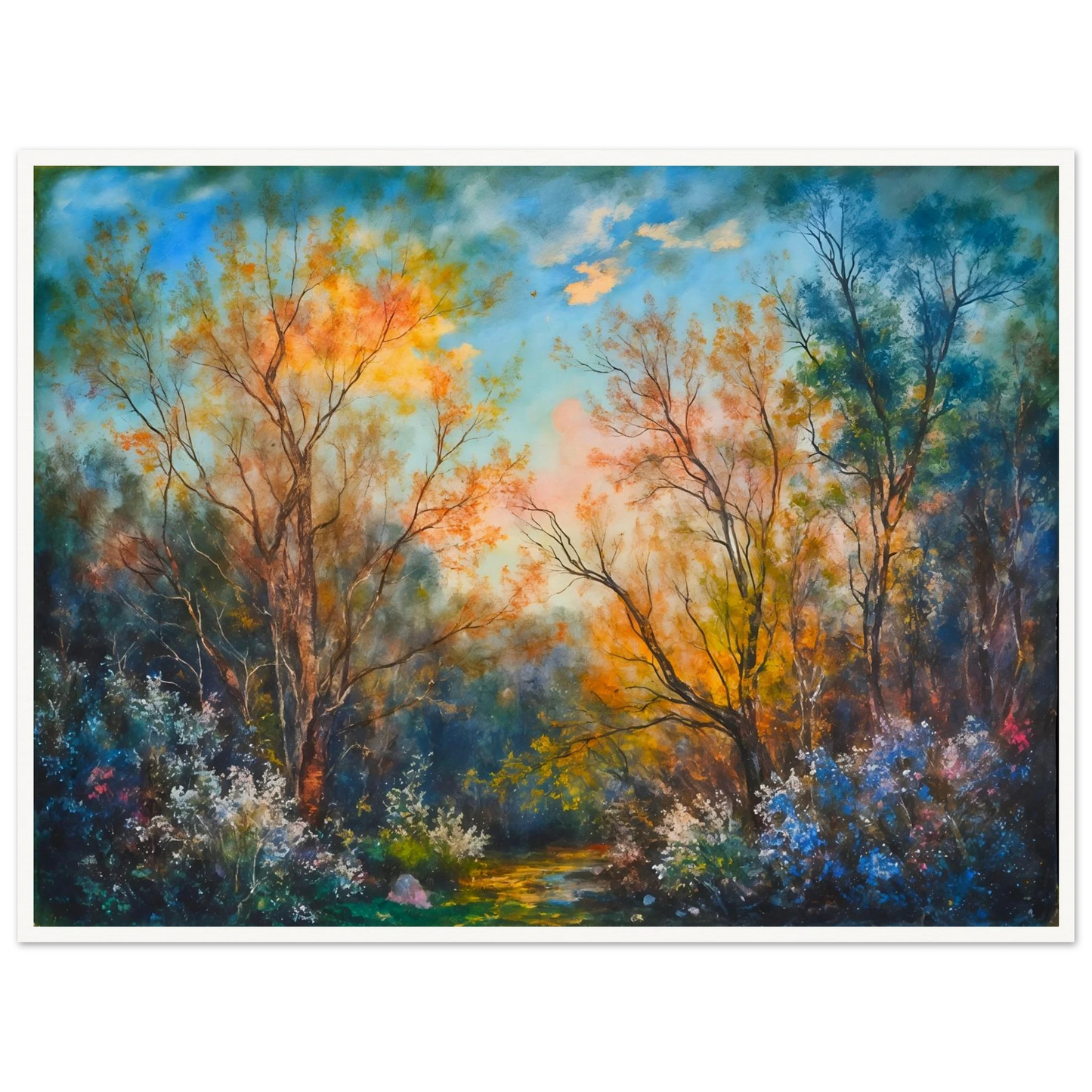 Radiant woodland scene with glowing autumn trees, delicate wildflowers, and a sunlit forest path beneath a vivid blue sky.