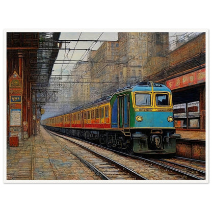 "A detailed painting of a train arriving at an urban station, set against the backdrop of tall buildings and intricate overhead wires, capturing the bustling city atmosphere."