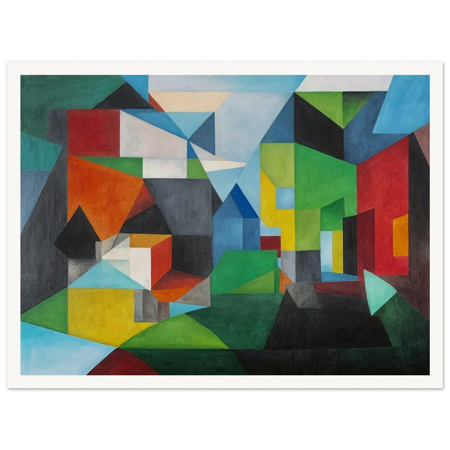 Abstract painting with vibrant geometric shapes forming a village-like scene with houses and landscapes.