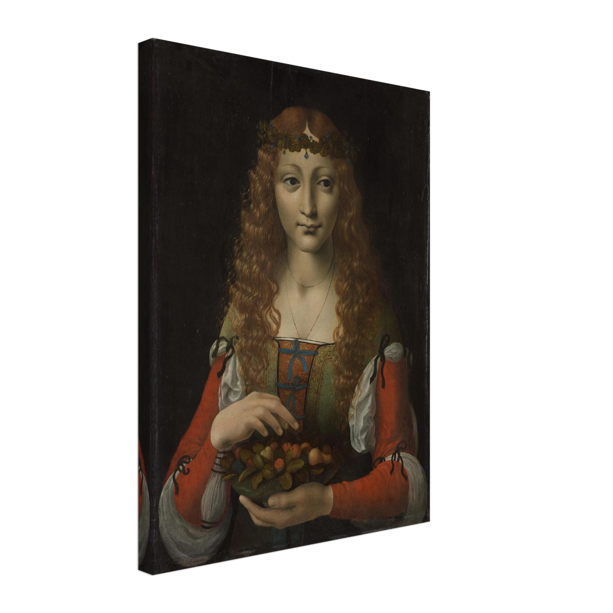 A young woman with long curls and a leafy crown holds a bowl of fruit against a dark background.